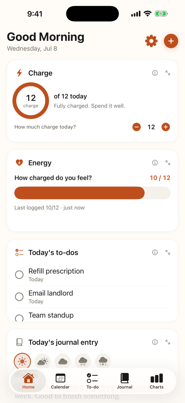 chargd Home — the Charge meter, energy, today's to-dos, and journal