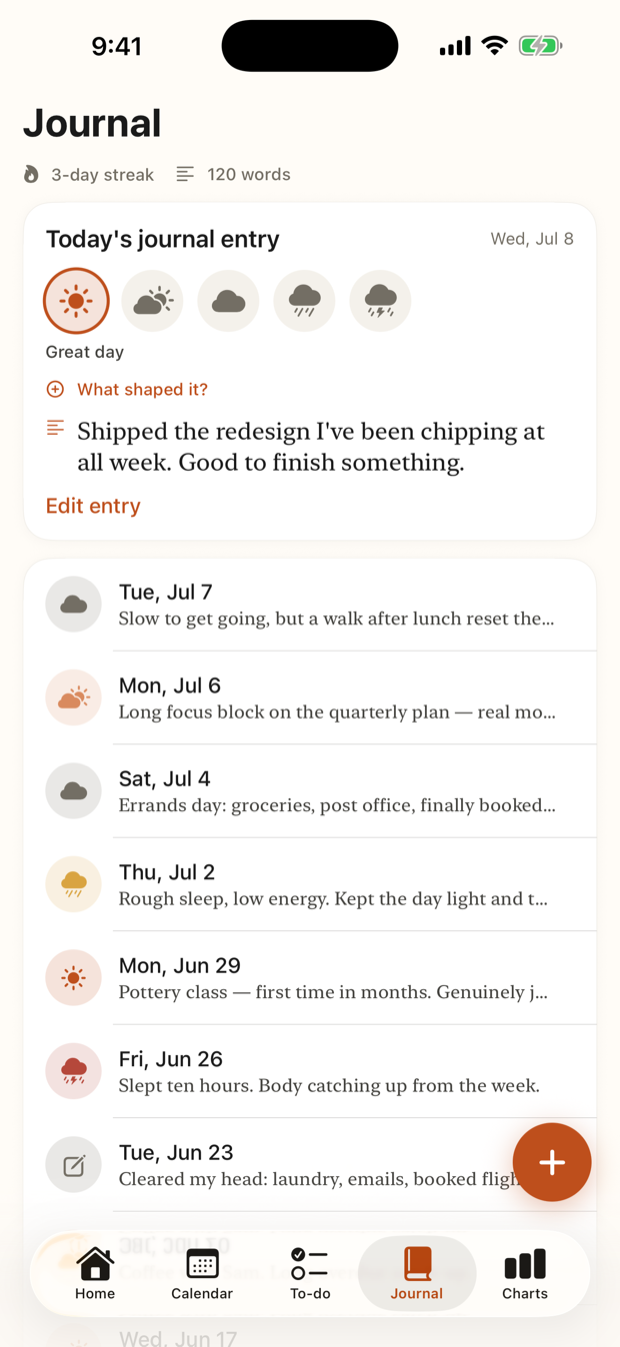 Daily journal with a one-tap mood and reflection